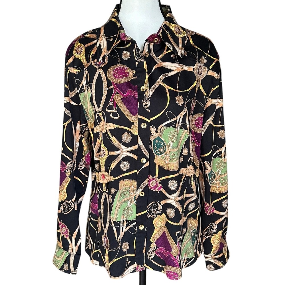 St. John‎ Sport Vintage Equestrian Chain Print Button Down Shirt L Heritage
